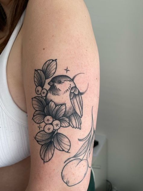 Chickadee tattoo Chickadee Tattoo Traditional, Chickadee Bird Tattoo, Tattoo Chickadee, Blupee Tattoo, Oriole Tattoo, Nightingale Tattoo, Woodpecker Tattoo, Chickadee Tattoo, Appearance Goals