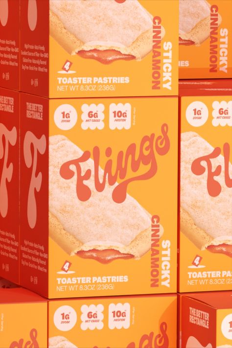 Blurr Bureau brings a burst of childlike joy to adult snacking with their packaging design for Flings, a healthier twist on the beloved toaster pastry. Crafted by food entrepreneurs Dino Vassiliou and Benjamin Outmezguine, Flings' packaging showcases its keto-friendly, gluten-free, and artificial color-free offerings and embodies the playful energy of yesteryears Retro Packaging Design Food, Gluten Free Packaging, Vintage Package Design, Snack Branding, Snack Packaging Design, Food Package Design, Playful Packaging, Pastry Packaging, Snack Package