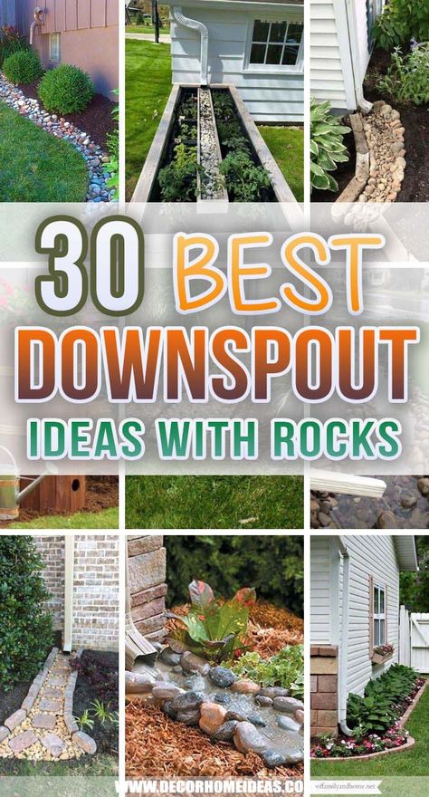 30 Best Downspout Ideas With Rocks To Beautify Your Landscape | Decor Home Ideas Downspout Garden Flower Beds, Eavestrough Garden Ideas, Downspout Rock Garden, Rock Beds Around House Side, Things To Do With Rocks In Yard, Down Spout Garden Ideas, Side Yard Slope Landscaping Ideas, How To Separate Front Yard From Neighbors, Cement Curbing Ideas