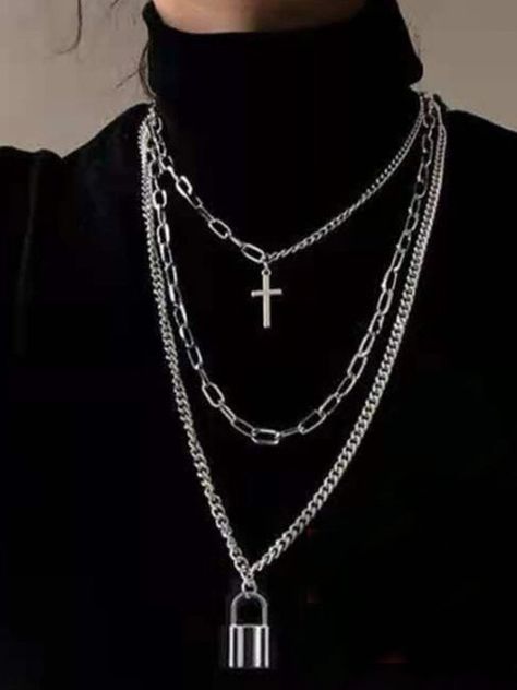 Gothic Dark Punk Style Street Silver Layered Necklace with Cross and Lock Pendants Lock Chain, Edgy Jewelry, Chain Heart, Layered Necklaces Silver, Special Necklace, Lock Necklace, Unisex Necklace, Metal Necklace, Estilo Punk