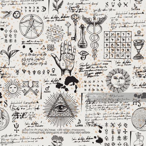 stock illustration : abstract seamless pattern with sketches and notes Alchemy Illustration, Herren Hand Tattoos, Alchemy Tattoo, Mystic Symbols, Esoteric Symbols, History Tattoos, Alchemy Art, Occult Symbols, Masonic Symbols