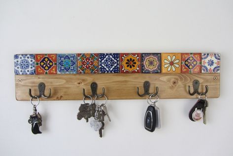 Painted Terracotta Tiles, Wood Coat Hooks, Tile Decoration, Painted Terracotta, Robe Hooks, Mexican Home, Mexican Tile, Entryway Mudroom, Key Rack