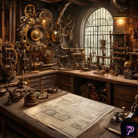 Enter an elaborate steampunk workshop, where intricate machinery and creative inventions come to life. ⚙️🔧   What innovative contraptions will your art design today?   #AI #Art #PicassoAIArt #Steampunk #Workshop #Innovation Inventor Workshop Concept Art, Steampunk Set Design, Inventions Aesthetic, Steampunk Aesthetic Dark, Workshop Steampunk, Victorian Workshop, Steam Punk Room, Steampunk Inventions, Victorian Steampunk Aesthetic