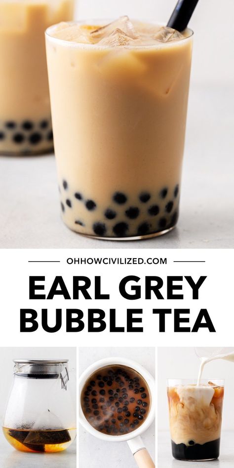 Earl Grey bubble tea is milky and creamy, with hints of citrus coming from bergamot-infused black tea. This drink is surprisingly easy to make at home. #earlgrey #londonfog #bubbletea #milktea #bobatea #earlgreybubbletea Essen, Chai Bubble Tea, Chai Boba Tea Recipe, Boba Flavors List, Making Boba Tea, Chai Milk Tea, Easy Bubble Tea Recipe, Chai Tea Drinks, Summer Tea Recipes