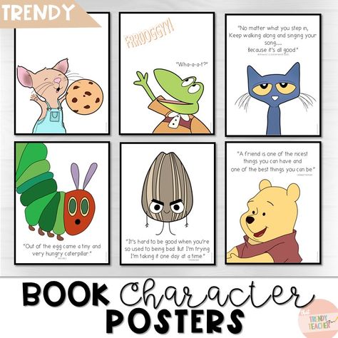 These TRENDY book posters are a must in your classroom library! I'm very pleased to share my book character posters! Included: 12 book character posters basic 8.5x11 12 book character posters w/ quotes 8.5x11 12 book character posters basic (black borders) 8.5x8.5 12 book character posters w/ quotes (black borders) 8.5x8.5 Book Character Mural, Book Character Posters, Library Murals, W Quotes, Classic Classroom, Library Mural, Book Chair, Library Clipart, Library Corner