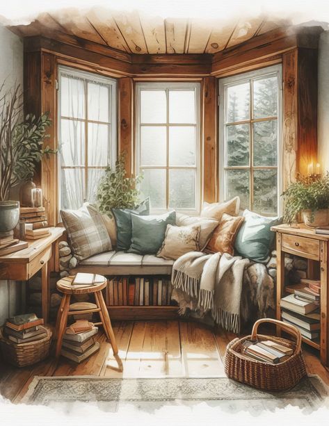 Country Bay Window Ideas, Bed By Bay Window, Cottage With Bay Window, Rooms With Window Seats, Living Room Decor Bay Window, Cottagecore Window Seat, Book Nook Bay Window, Bay View Window Ideas, Bay Window Bookshelf