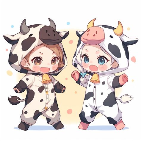 Chibi Pajamas, Cow Character Design, Chibi Cow, Anime Cow, Cow Onesie, Cute Turtle Drawings, Cow Sketch, Anime Bebe, Chibi Sketch