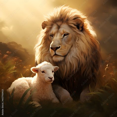 Lion with a Lamb. Generative ai.  Stock Photo Lion And The Lamb, Lion And Lamb Wallpaper Iphone, Lamb And Lion Drawing, Lion And Lamb Illustration, Lion And Lamb Painting, Paris Tattoo, Lion And Lamb, Lion Of Judah, America And Canada