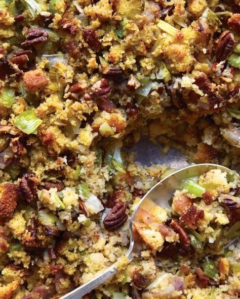 Cornbread, Bacon, Leek, and Pecan Stuffing | 50 Thanksgiving Foods Full Of Bacon Cornbread Stuffing, Martha Stewart Recipes, Thanksgiving Stuffing, Cornbread Dressing, Thanksgiving Recipes Side Dishes, Holiday Meal, Corn Bread Recipe, Stuffing Recipes, Thanksgiving Sides