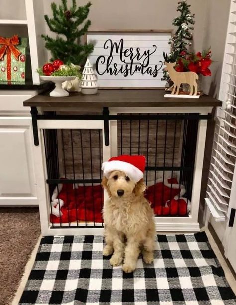 Dog Crate Christmas Decor, Decorate Dog Crate, Crate Decor, Pet Diy, Wooden Dog Crate, Dog Cages, Dog Images, Dog Kennel, Christmas Love