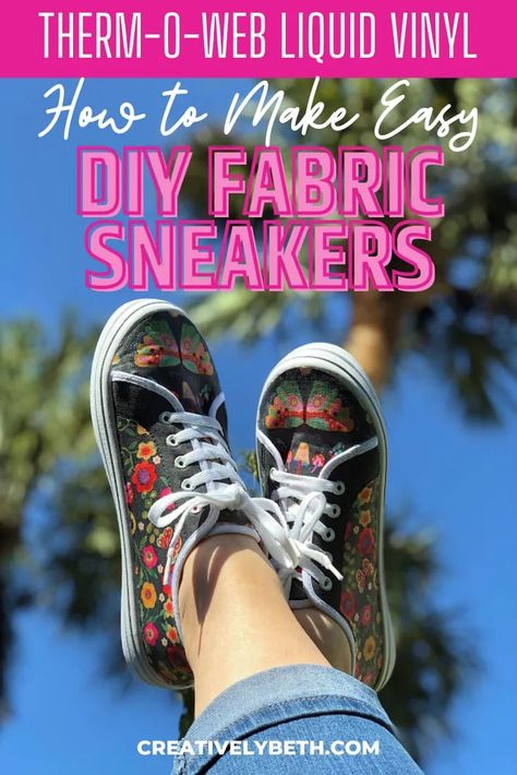 DIY Fabric Covered Sneakers with Liquid Vinyl from Therm-O-Web by Creatively Beth #creativelybeth #thermoweb #diy #fabric #sneakers #tennisshoes Fabric Covered Shoes Diy, Diy Fabric Shoes, Fabric Covered Shoes, Quilted Shoes, Scout Crafts, Diy Sneakers, Shoes Hack, Rainbow Crafts, Sneakers Looks