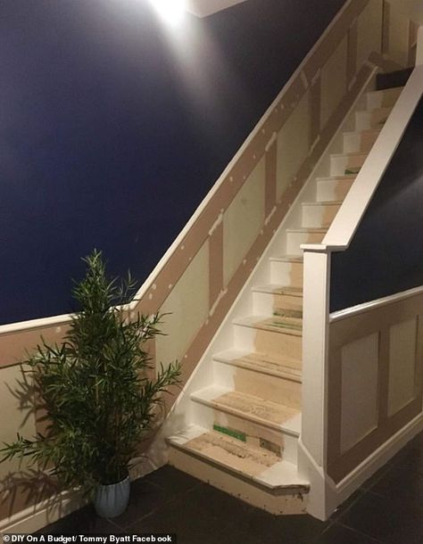 Hall Stairs And Landing Decor, Stairs And Landing Decor, Beige Hallway, Hallway Panelling, Landing Decor, Carpeted Stairs, Stair Paneling, Mdf Wall Panels, Stairs Landing