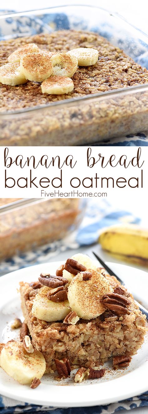 Banana Bread Baked Oatmeal ~ boasts the delicious flavor of banana bread, but it's made with wholesome oats, pecans, and coconut oil for a healthy, filling breakfast or brunch recipe! | FiveHeartHome.com Healthy Filling Breakfast, Banana Bread Baked Oatmeal, Weight Watcher Desserts, Baked Oatmeal Healthy, Banana Baked Oatmeal, Baked Oatmeal Recipes, Brunch Recipe, Filling Breakfast, God Mat