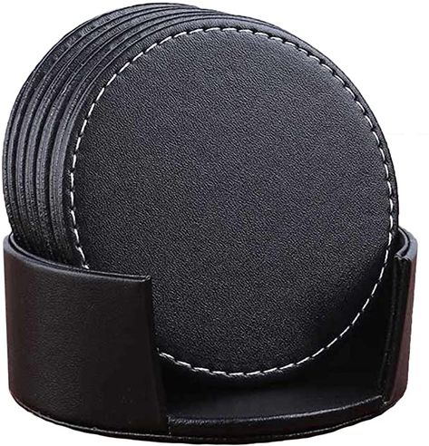 purchased 6.22 dining room coasters square instead of round w/ black place mats and williams sonoma runner?  Amazon.com | CARLWAY Set of 6 Leather Drink Coasters Round Cup Mat Pad for Home and Kitchen Use Black, 3.94", 10cm, : Coasters Leather Coaster Set, Black Coasters, Coffee Room, Bar Coasters, Baby Spoon, Leather Coasters, Cup Mat, Cup Coaster, Coaster Design