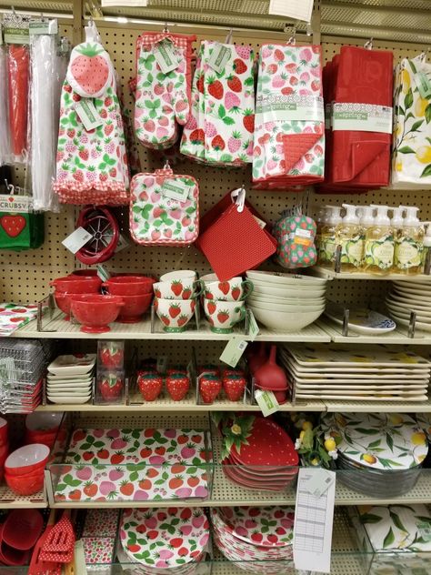 Strawberry aisle @ Hobby Lobby 40% off Strawberry Themed Room Aesthetic, Fruit Theme Kitchen Decor, Pink Strawberry Kitchen, Strawberry Shortcake Kitchen Decor, Strawberry Kitchen Aesthetic, Strawberry Themed Bathroom, Strawberry Things Aesthetic, Strawberry Kitchen Decor Ideas, Strawberry Dorm Room