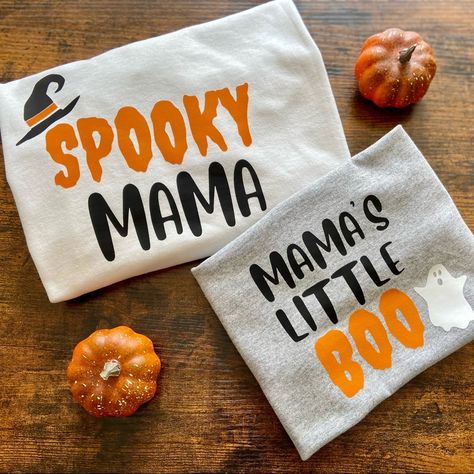 Halloween Themed T Shirt Sets For Mamas And Their Minis! Made To Order, Htv And Comes In Sizes Unisex S-Xl. 17$/Adult Sizes Shirt, 13$/Toddler And Youth Sizes. If You Would Just Like One Or The Other, Also Can Be Done! The Price On This Listing Is For The Set. Any Questions, Please Feel Free To Ask! Halloween Decals, Halloween Vinyl, Halloween Shirts Kids, Spooky Mama, Circuit Ideas, Boo Shirts, Cricut Halloween, Mommy And Me Shirt, Mens Halloween Costumes