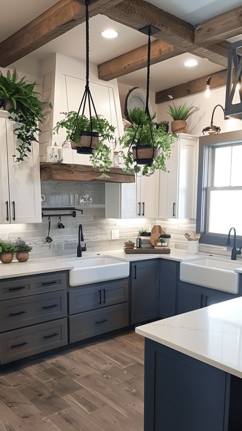 Mismatch Kitchen Cabinets, Dark Grey Bottom Cabinets Light Grey Top, Two Toned Grey Kitchen Cabinets, Kitchen And Eating Area Ideas, Cabinet Colors With White Granite, White And Wood Home Interior, U Kitchen Remodel, Detailed Kitchen Cabinets, Blue White And Gray Kitchen