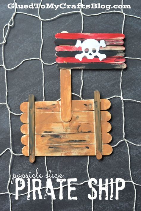 Popsicle Stick Pirate Ship - Kid Craft Arts And Crafts Bedroom, Pirate Ship Craft, Pirate Preschool, Pirate Activities, Pirate Crafts, Ship Craft, Inexpensive Crafts, Pirate Art, Pirate Day