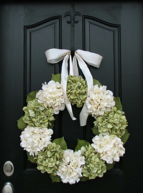 . Front Door Wreaths Diy, Hydrangea Wreaths, Summer Hydrangea, Church Doors, Front Door Wreaths, All Season Wreath, Faux Hydrangea, Door Wreaths Diy, Green Hydrangea