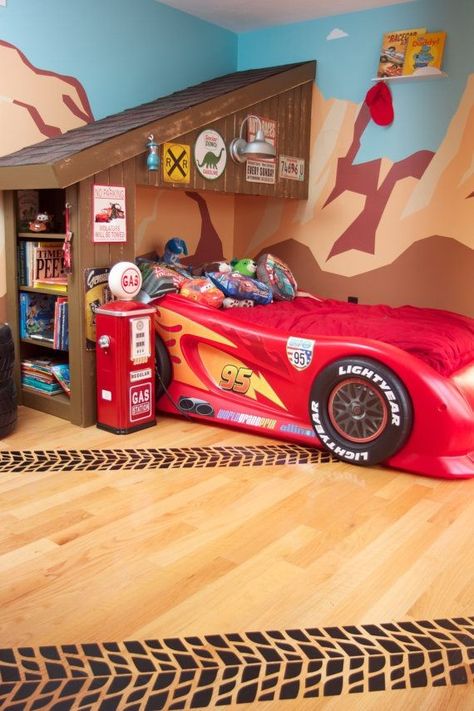 Lightening Mcqueen Bedroom, Car Toddler Room, Disney Cars Room, Disney Cars Bedroom, Race Car Bedroom, Cars Bedroom, Car Themed Bedrooms, Floor Decals, Tire Tracks