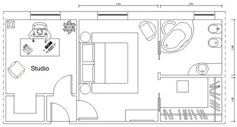 Double bed bedroom with attached office top view layout plan dwg file Office Top View, Master Suite With Office, Double Bed Bedroom, Master Suite Layout, Master Suite Floor Plan, Master Suite Addition, Ideal Bedroom, Bedroom Addition, Bedroom Furniture Layout