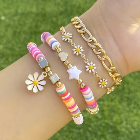 Brand New 4 Stackable Bracelets Wear Together Or Separately Daisy Floral Gold Plated Chain Start Heart Bead Clay Beads Blossom Bracelet, Preppy Bracelets, Preppy Jewelry, Clay Bracelet, Beads Bracelet Design, Women's Jewelry Sets, Bangle Bracelets With Charms, Cute Bracelets, Hand Jewelry