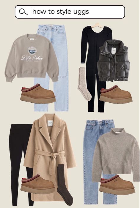 Ugg Casual Outfit, How To Wear Ugg Tazz, Ugg Classic Outfit, Uggs Outfit Slippers, Ugg Tazz Platform Slippers Outfit, Outfit Ideas Ugg Tasman, Ugg Tazz Slippers Outfits, How To Style Uggs Tasman, Ugh Tazz Outfits