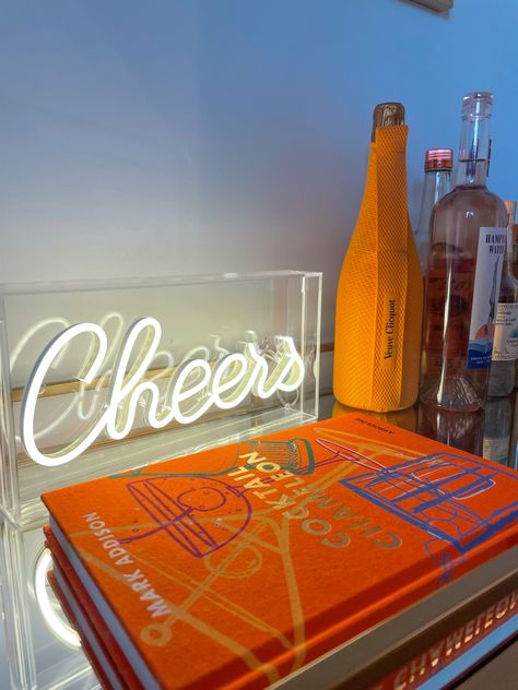 Neon Bar Signs For Home, Home Bar Neon Sign, Neon Sign Bar Cart, Drinks Neon Sign, Cocktail Bar Neon Sign, Cart Ideas, Cocktail Book, Light Up Signs, Bar Cart Decor