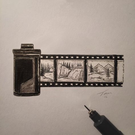 Film Roll Illustration, Natur Tattoo Arm, Camera Tattoos, Tiny Landscape, Camera Tattoo, Landscape Tattoo, Tiny Tattoo, Film Roll, Diy Tattoo