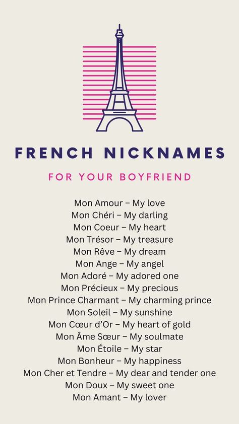 Express Your Love: 250 French Nicknames for Your Boyfriend Names To Make Him Blush, French Cute Nicknames, Nickname For Boyfriend On Messenger, Nicknames In French, Relationship Nicknames For Him, Nick Names For Your Bf, Dark Romance Nicknames, French Names For Boyfriend, French Nicknames For Boyfriend