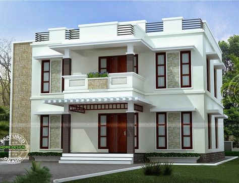 Beautiful modern house in Kerala, India Affordable House Design, Flat Roof House Designs, Cute Small Houses, Beautiful Small Homes, Two Story House Design, Flat Roof House, House Outer Design, Small House Front Design, House Balcony Design