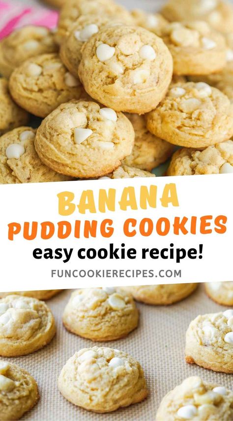 Banana Cream Cookies Recipe, Banana Pudding Cookies Easy, Cookie Pudding Recipes, Banana Split Cookies, Banana Cream Cookies, Banana Pudding Dessert, Fun Cookie Recipes, Banana Pudding Cookies, Banana Cookie Recipe