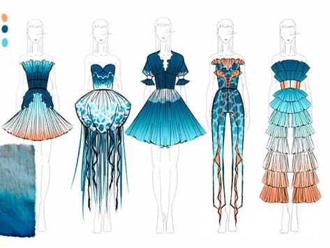 Ocean Fashion Design, Sea Inspired Fashion, Fashion Design Inspiration Board, Mood Board Fashion Inspiration, Fashion Illustration Tutorial, Fashion Design Drawing, Fashion Illustration Collage, Fashion Design Books, Model Sketch