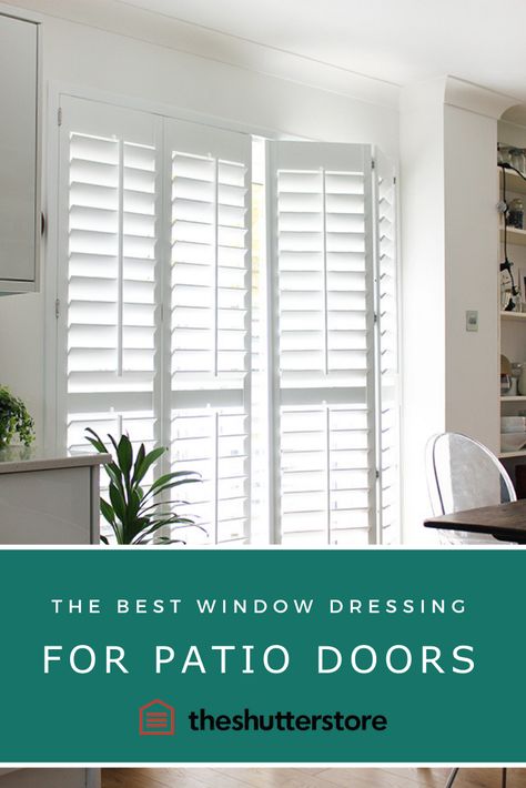 French Window Dressing Ideas, Window Dressing For Patio Doors, Bifold Shutters For Sliding Glass Doors, Dressing Patio Doors Window, Shutters On Patio Doors, Patio Door Shutters Living Rooms, Window Dressing For French Doors, Shutters For Patio Doors, Shutters Patio Doors