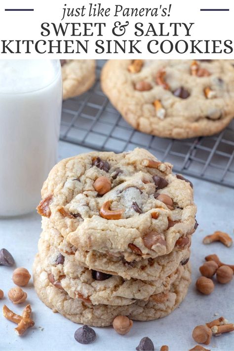 Kitchen Sink Cookies Recipe, Panera Recipes, Panera Copycat, Sink Cookies, Kitchen Sink Cookies, Salted Caramel Pretzels, Blogger Ideas, Oatmeal Coconut Cookies, Copycat Panera