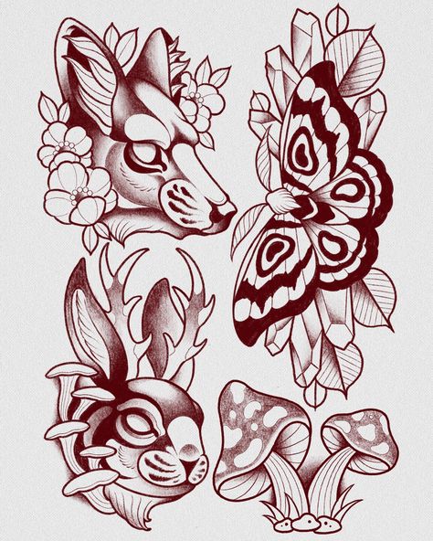 Flash designs available in blackwork or colour! Give me more ideas to draw!! Tattoo Flash Neotrad, Neo Trad Flash, Flash Tattoo Stencil, Neotrad Flash, Flash Tattoo Blackwork, Blackwork Tattoo Design Ideas, Animal Tattoo Designs, Flash Designs, Animals Tattoo