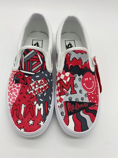 Sunflower Vans, Custom Sneakers Diy, Miami University, Painted Vans, Hand Painted Shoes, Painted Denim, University Of Miami, Football Shoes, College University