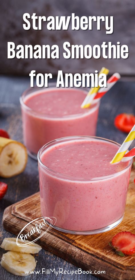 strawberry banana smoothie for anemia recipe idea, filled with fruits high in iron blended into almond milk for iron deficiency and best taken with vitamin C, homemade and healthy, breakfast or snack. Iron Filled Smoothies, Foods To Raise Iron Levels, High Iron Desserts, High Iron Fruits, High Iron Smoothies For Kids, High Iron Smoothies For Pregnancy, Iron Rich Smoothie Recipes For Kids, High Iron Meals Recipes, Iron Boosting Smoothies