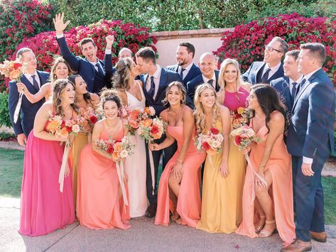 Bridesmaid Color Scheme Summer, Colorful Wedding Palettes, Summer Colors Bridesmaid Dresses, Bridesmaid Bright Colors, Pink Orange White Wedding, Bright Bridal Party, Sunset Wedding Bridesmaid Dresses, Pink And Orange Wedding Colors, Spring Bridal Party Colors