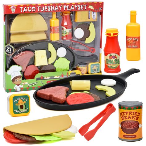 PRICES MAY VARY. Variety of Food Accessories: This set comes with several realistic looking food accessories that will keep your child happily occupied for hours. Fun and Educational: This playset helps kids develop their hands-on skills and social skills through role play. It also encourages them to use their imagination and creativity while having fun. Made for Small Hands: This taco-themed play set was designed for your child to play with. It is perfect for small hands such as toddlers. High Play Kitchen Toys, Fake Food Toys, Kids Play Kitchen Accessories, Realistic Play Food, Toy Kitchen Food, Kids Play Food, Play Kitchen Food, Toy Kitchens, Kitchen Toy