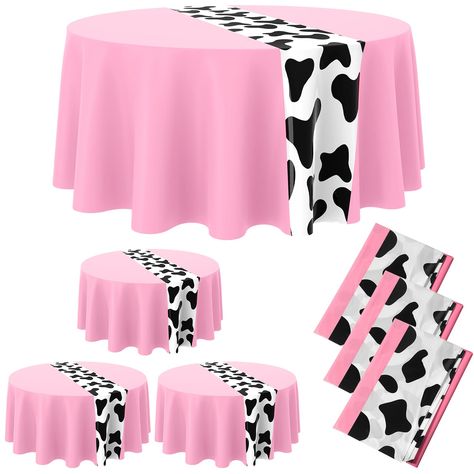 PRICES MAY VARY. Enough Replacement: you will receive 3 pieces of cow print table cloths for parties, sufficient to meet your various demands of using, replacing, and sharing in daily life, also as reliable and attractive table decoration for different parties Attractive Design: this round tablecloth is designed with cow print table runner in the middle, featuring pink background, adorable and cute, improving your table decorations, making your table look clean and attractive, and allowing you t Picnic Party Decor, Cow Baby Shower Theme, Dinner Picnic, Plastic Table Cloth, Cow Birthday Parties, Dining Table Cover, Cow Baby Showers, Rodeo Birthday, Cow Birthday