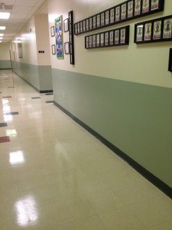 Consider the effect green has in a school hallway.  How can you carry the emotional experience of harmony into the classroom? Daycare Color Walls, Colors For Classroom Walls, Classroom Colour Scheme, Elementary School Color Palette, Classroom Paint Colors Wall Schools, Daycare Colors Schemes, Classroom Wall Colors, Classroom Paint Colors, Classroom Paint Colors Wall