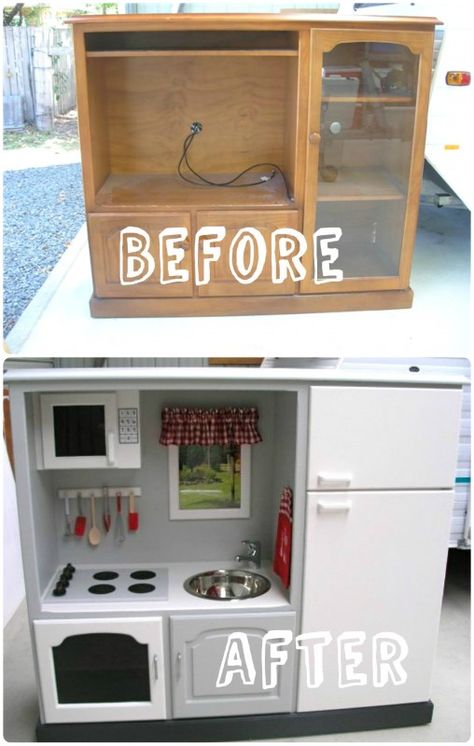 Kids Entertainment Center, Diy Tv Stand Ideas, Old Tv Stand, Old Tv Stands, Diy Kids Kitchen, Old Entertainment Centers, Diy Kids Furniture, Diy Entertainment, Play Kitchens