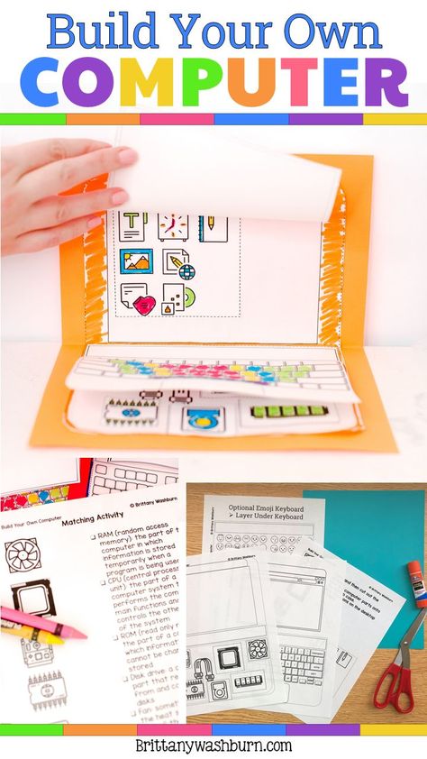 Your students are going to love learning about the parts of a computer while building their own on paper! These little laptops turn out so adorable you can't resist smiling when you see the finished products. This activity is meant to be quite open-ended, but the internal computer parts do each have a place. Decipher where they go by the size of the cut out. Computer Lessons, Kindergarten Technology Activities, Computer Activities For Kids, Technology Activities, Kindergarten Technology, Computer Lab Classroom, Build Your Own Computer, Technology Classroom, Technology Lab