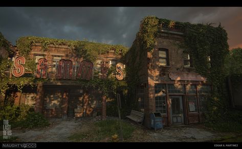 ArtStation - “The Last of Us: Part I” Bill-Town-Lead-offices, Edgar A. Martinez The Last Of Us Architecture, The Last Of Us Environment Art, The Last Of Us Buildings, The Last Of Us World, Last Of Us Environment, Game Environment Art, Game Landscape, Last Of Us Part 1, Apocalypse Landscape