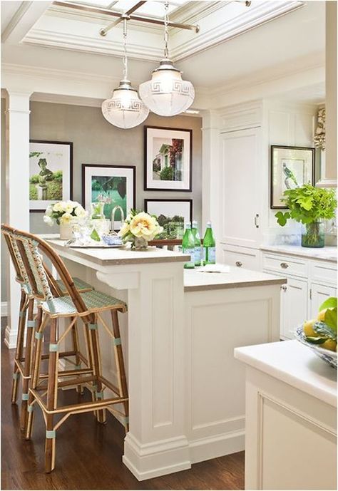 counter height kitchen island to hide the mess. bar height open plan is only for a model home where the kitchen is never used. Kitchen With White Cabinets, Interior Design Blogs, House Pics, Revere Pewter, Compact Kitchen, Kitchen Island Design, Style At Home, Kitchen Remodel Idea, White Cabinets