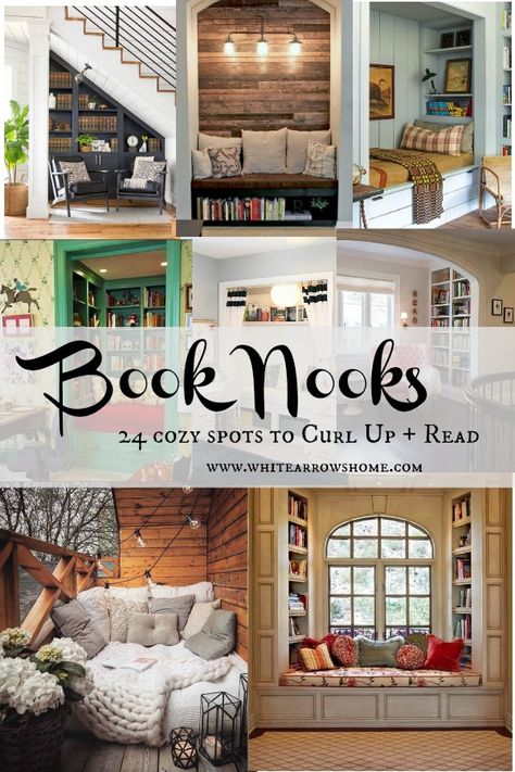 Book Nooks- 24 Cozy Spots to Curl Up + Read ~ White Arrows Home Library Nooks Ideas, Diy Book Bench Reading Nooks, Home Library Design Ideas Cozy, Reading Chairs Comfy Nook, Books Nook Ideas, Library Style Bedroom, Reading Loft Ideas Small Spaces, Home Library Rooms Cozy, Living Room Nooks