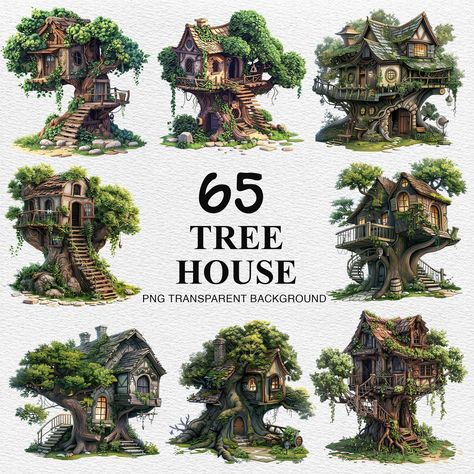 Tree House In Forest, Forest Cottage Art, Tree House Watercolor, Overgrown Cottage, Forest Tree House, Cottage Clipart, Wooden Tree House, House Cottagecore, Cottage Forest