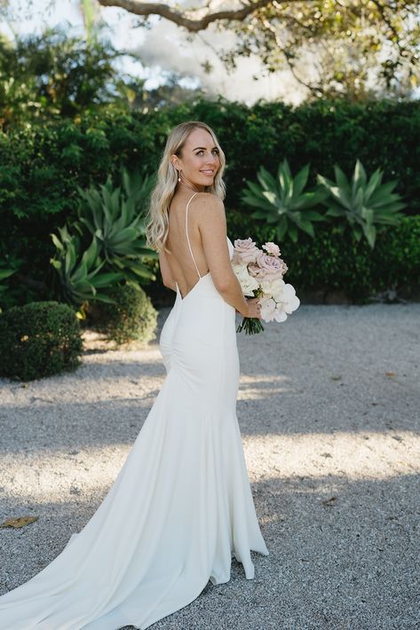 low back wedding dress, crepe wedding dress, soft pink florals, simple wedding dress, real bride, rouched back detail Grace Loves Lace Clo Crepe, Grace Loves Lace Clo, Clo Crepe, Grace Loves Lace Wedding Dress, Bridal Era, Tree Restaurant, Byron Bay Weddings, Crepe Wedding Dress, Free Spirited Woman