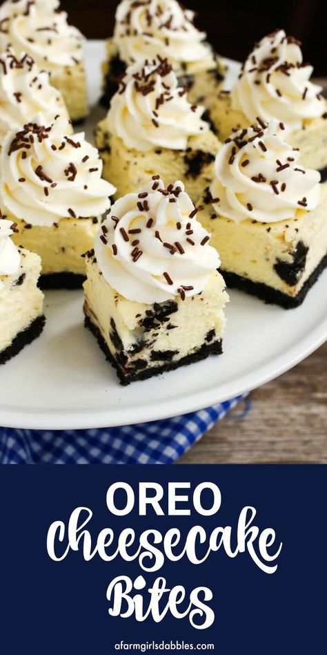 Oreo Cheesecake Bites from afarmgirlsdabbles.com: This easy cheesecake recipe is light in texture, yet ultra creamy. I bet you won't be able to eat just one! #cheesecake #recipe #easy #oreo #oreos Oreo Cheesecake Squares, Dessert With Cheesecake Pudding, Christmas Snacks For Party Appetizers Easy, Easy Summer Baking Recipes, Fast Desserts For A Crowd, Mini Cheese Cakes Recipes, Cupcake Cheesecake Recipes, Baked Desserts Easy, Single Serve Desserts For Party